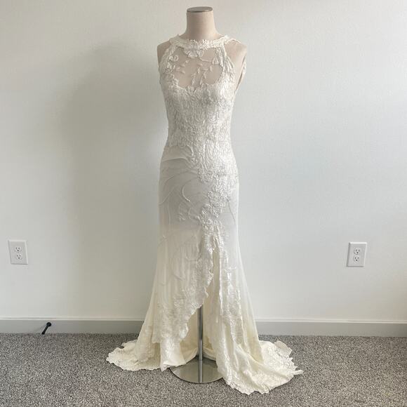 Lorre Bethke Wedding Dress Women M White High Neck Beaded Beach Side Slit - Picture 1 of 16